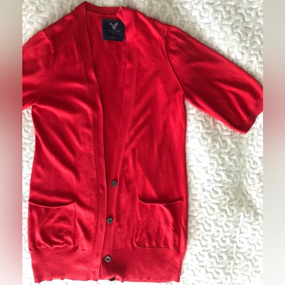 Cardigan with Pockets Size S AEO Pretty Shade of Red Cotton Blend 3/4 Sleeve